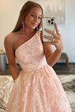 Modern A Line One Shoulder Pink Polyester Prom Dress With 3D Butterfly Rjerdress