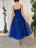 Modern A Line Spaghetti Straps Tulle Blue Homecoming Dress With Sequins Rjerdress