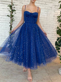 Modern A Line Spaghetti Straps Tulle Blue Homecoming Dress With Sequins