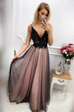 Modern V Neck Tulle Long Prom Dress With Appliques, Floor Length Backless Formal Dress