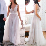 Modest A-Line Scoop Neck Backless Sleeveless Long Tulle Beach Wedding Dresses Rjerdress