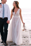 Modest A-Line Scoop Neck Backless Sleeveless Long Tulle Beach Wedding Dresses
