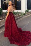 Modest A-Line Strapless Burgundy Sleeveless Long Prom Dresses With Slit RJS230 Rjerdress