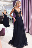 Modest A Line V Neck Open Back Navy Blue Lace Long Prom Dresses with Beading RJS136