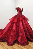 Modest Ball Gown Burgundy Lace Beading Princess Quinceanera Dresses With Appliques