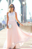 Modest Chiffon Long Blush Pink White Lace A-Line High Neck Floor-Length Prom Dresses RJS192