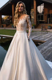 Modest Custom Made Long Sleeves Satin & Lace Long Wedding Dresses