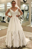 Modest Ivory Lace Chiffon Long V-Neck Elegant Wedding Dresses