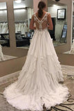 Modest Ivory Lace Chiffon Long V-Neck Elegant Wedding Dresses Rjerdress