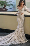 Modest Long Mermaid V-Neck Lace Long Sleeves Wedding Dresses Bride Dresses Rjerdress