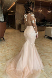 Modest Mermaid Long Sleeve Tulle High Neck Lace Pink Long Open Back Prom Dresses Rjerdress