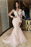 Modest Mermaid Long Sleeve Tulle High Neck Lace Pink Long Open Back Prom Dresses