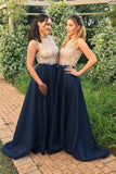 Modest Navy Long A-Line Beading A-Line Bridesmaid Dresses Rjerdress