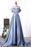 Modest Off The Shoulder Blue Satin Long Prom Dresses, Split Evening Dresses Rjerdress