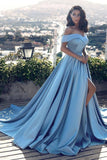 Modest Off The Shoulder Blue Satin Long Prom Dresses, Split Evening Dresses