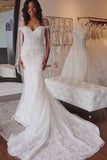 Modest Off The Shoulder Long Elegant Lace Sheath Wedding Dresses Rjerdress