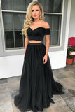 Modest Off The Shoulder Two Piece Simple Cheap Long A-Line Prom Dresses