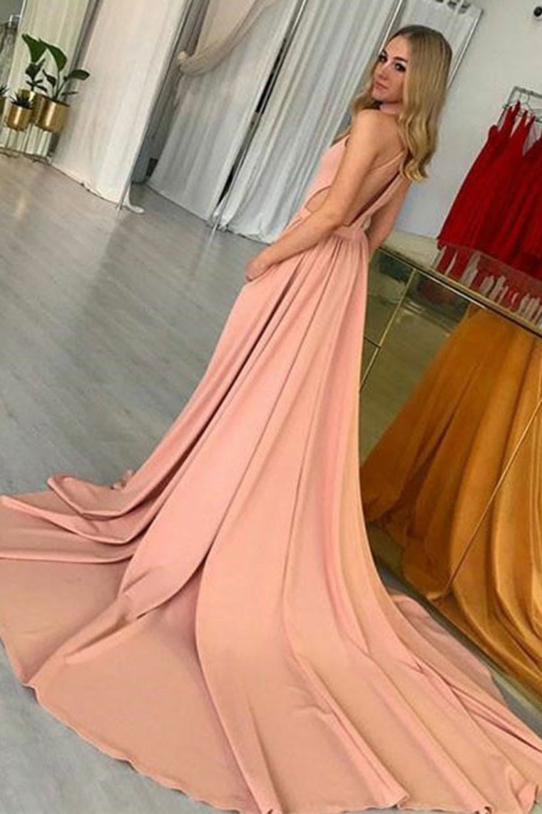 Modest Pink Long Open Back Simple Cheap Elegant Prom Dresses Evening Dresses Rjerdress