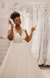 Modest Plus Sizes Scoop Long A Line Applique Covered Button Wedding Dresses Bride Dress Rjerdress