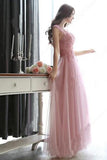 Modest Scoop Neck Tulle Pearl Detailing Lace-up Floor-length Sleeveless Prom Dresses RJS632 Rjerdress