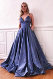 Modest Spaghetti Straps Blue V-neck Long Prom Dresses With Pockets Rjerdress