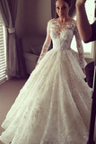 Modest Tulle Lace Long Sleeve Ball Gown Sheer Back Scoop Appliques Wedding Dress Rjerdress