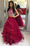 Modest Two Piece Beading Tulle Red Long Prom Dresses
