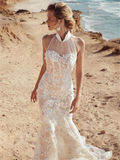 Most Popular Mermaid Halter Lace Appliques Illusion Cheap Wedding Dresses RJS513
