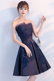 Navy Blue Beads Appliques Strapless A-Line Lace up Homecoming Dress Graduation Dress RJS573