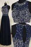 Navy Blue Elegant Long Beaded Chiffon Pageant Formal Gowns Rjerdress