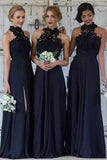Navy Blue Halter Lace Appliques Top Chiffon Side Split Bridesmaid Dresses TRJS342