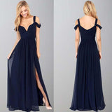 Navy Blue Off-The-Shoulder Long Chiffon Formal With Straps Sleeves Modest Bridesmaid Gown RJS77