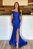 Navy Blue One Shoulder Mermaid High Slit Prom Dress Formal Dress RJS726