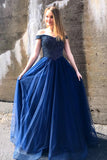 Navy Blue Tulle Off-Shoulder Long Senior Prom Dresses With Beaded