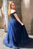 Navy Blue Tulle Off-Shoulder Long Senior Prom Dresses With Beaded Rjerdress