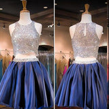 Navy Blue Two Piece Beading Short Prom Gown Hoco Dress Bling Homecoming Dress RJS877 Rjerdress