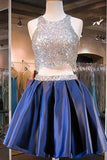 Navy Blue Two Piece Beading Short Prom Gown Hoco Dress Bling Homecoming Dress RJS877