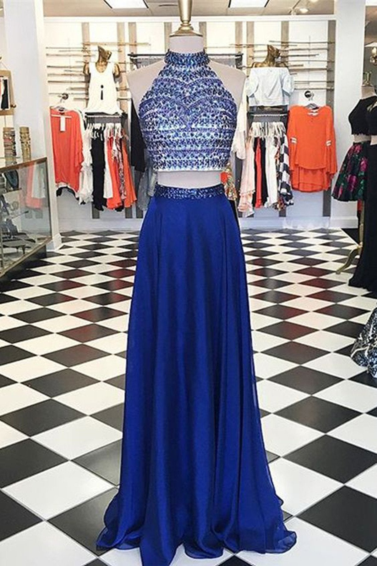 Navy blue chiffon A-line beaded long two pieces handmade prom dress sequins evening dress Rjerdress