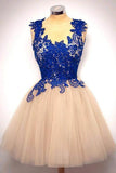 Navy blue lace tulle round neck A-line short Hoco dress Party Dresses RRJS392 Rjerdress
