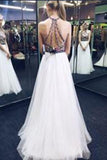 Nectarean Halter Sleeveless Sweep Train White Prom Dress with Printed Flowers RJS586 Rjerdress