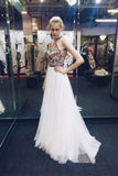Nectarean Halter Sleeveless Sweep Train White Prom Dress with Printed Flowers RJS586