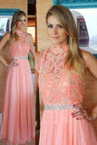 Nectarean High Neck Floor-Length Sleeveless Peach Prom Dress with Beading Lace Top RJS585 Rjerdress