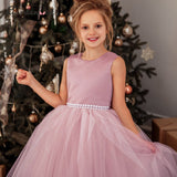 New A Line Scoop Pink Satin Tulle Flower Girl Dresses With Pearls & Bowknot Rjerdress