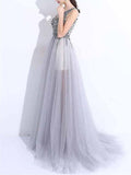 New A-Line V-Neck Grey Tulle Beaded Long Sleeveless Backless Prom Dresses with Split Rjerdress