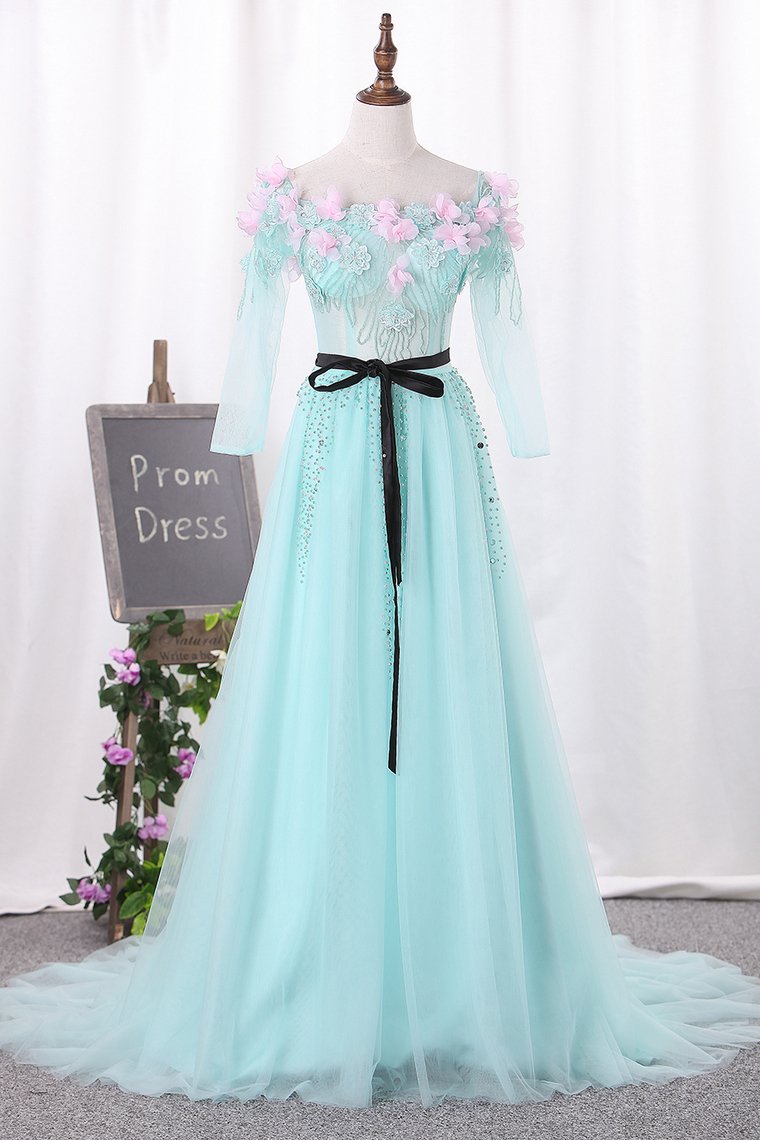 New Arrival A Line Boat Neck Tulle Party Dresses With Handmade Flowers And Beads Rjerdress