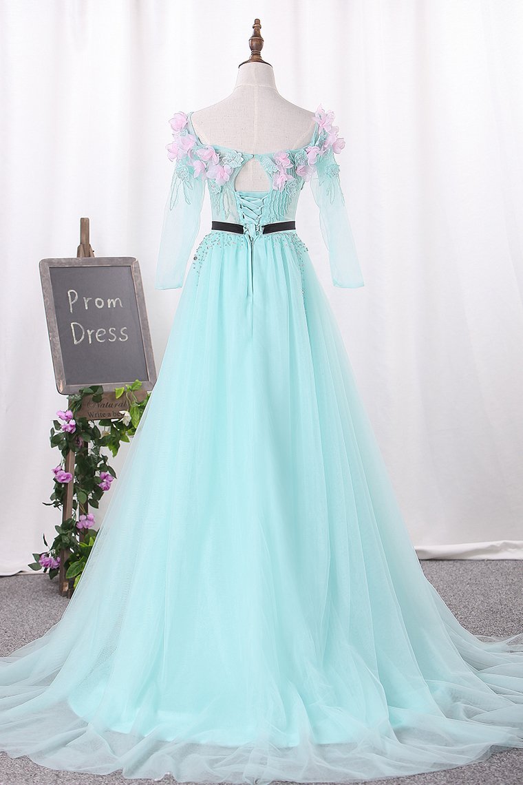 New Arrival A Line Boat Neck Tulle Party Dresses With Handmade Flowers And Beads Rjerdress