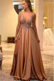 New Arrival A Line Deep V Neck Prom Dresses Satin With Beads&Rhinestones Rjerdress