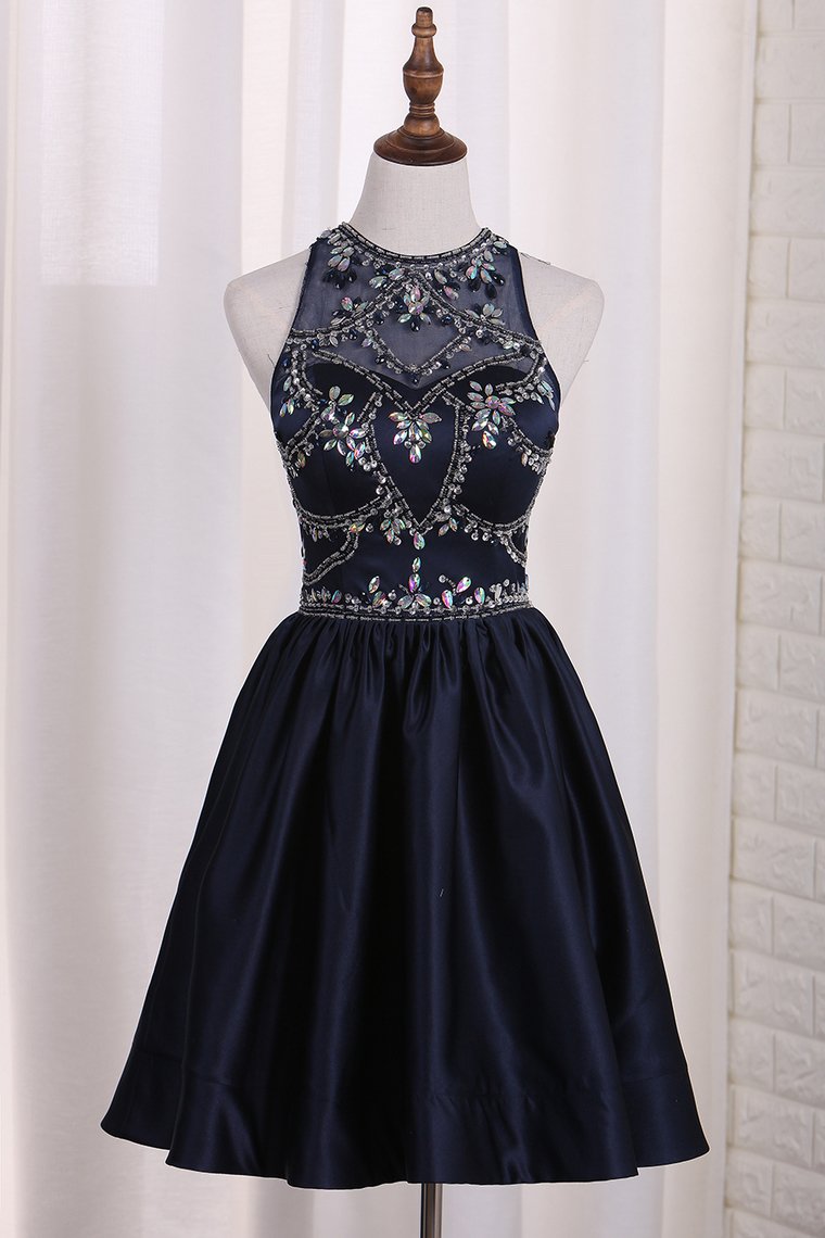 New Arrival A Line Satin Scoop Beaded Bodice Hoco Dresses Rjerdress