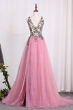 New Arrival A Line Tulle Straps Party Dresses With Beading And Slit Rjerdress