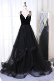New Arrival A-Line V-Neck Black Velvet Up Tulle Backless Sleeveless Long Prom Dresses UK Rrjs333